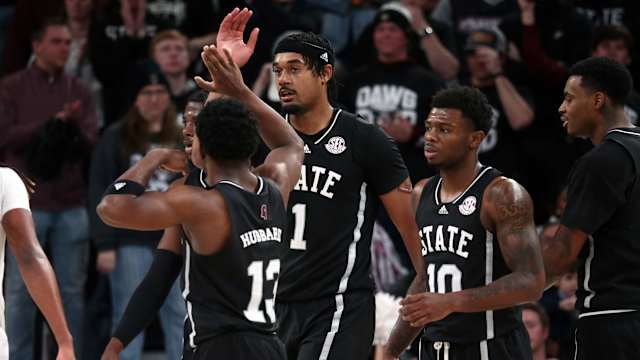 Jan 20, 2024; Starkville, Mississippi, USA; Mississippi State Bulldogs forward Tolu Smith (1) reacts with Mississippi State Bulldogs guard Josh Hubbard (13) after basket during the second half against the Vanderbilt Commodores at Humphrey Coliseum. Mandatory Credit: Petre Thomas-USA TODAY Sports